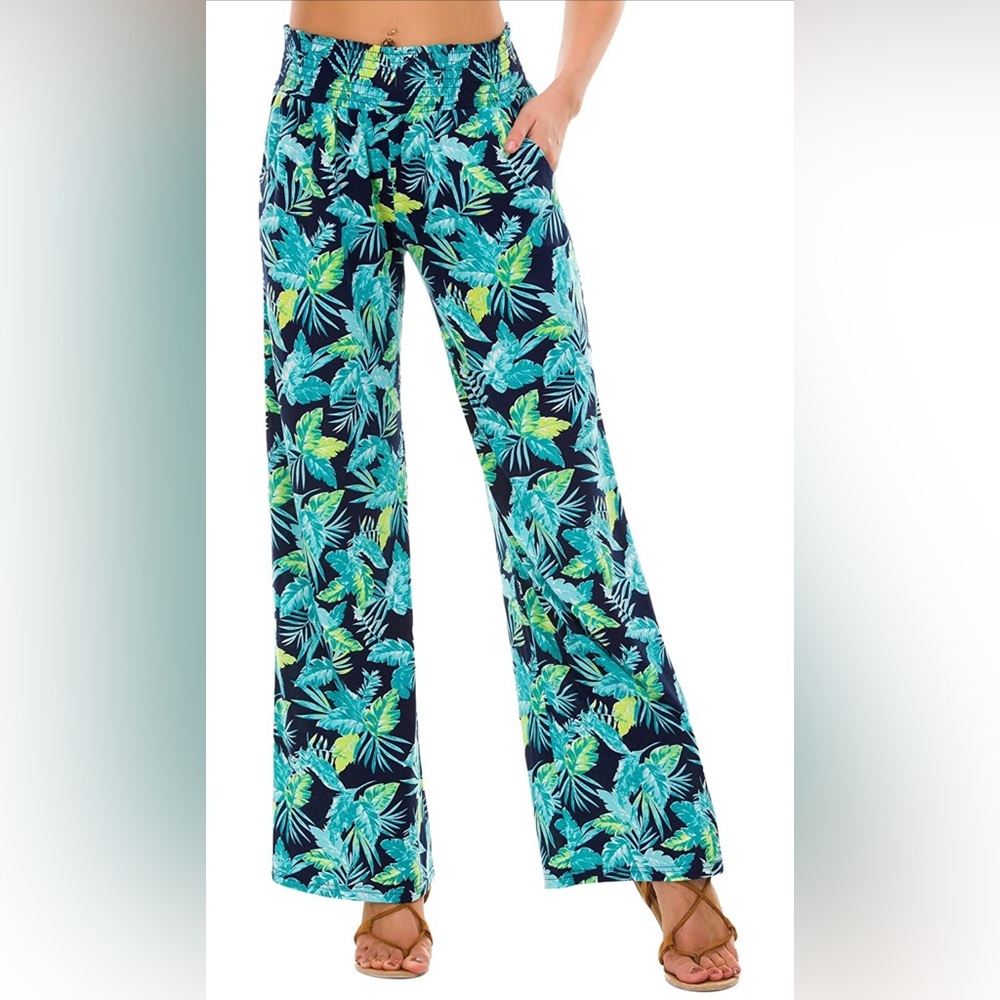 Wide Leg Tropical Print Pants - Navy/Teal